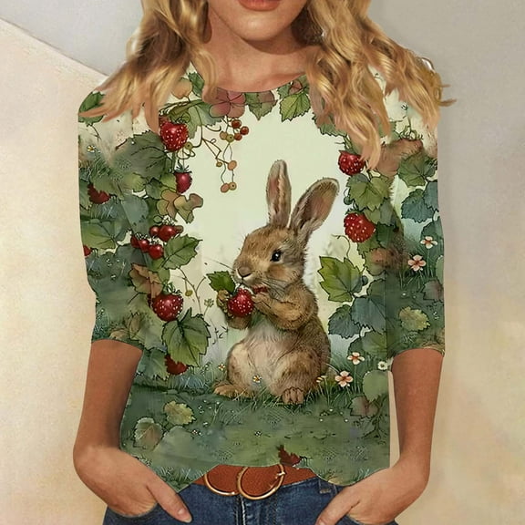 Cavosen Easter Day Womens Tops Casual 3/4 Sleeve Bunny Floral Print Trendy Pullover Shirts Crewneck Holiday Blouse Loose Dressy Festival T Shirts Going out Summer Tees XL