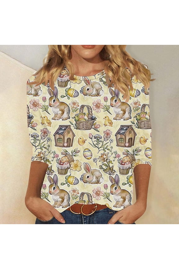 Easter Day Womens Tops Three Quarter Sleeve Length Bunny Eggs Floral Print Fashion T Shirts 3/4 Sleeve Crewneck Festival Shirts Loose Dressy Holiday Blouse Going out S