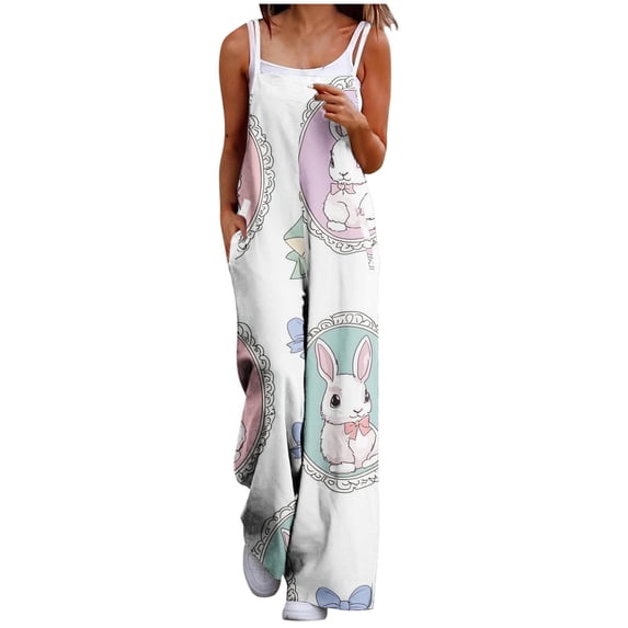 Cavosen Easter Plus Size Oversized Linen Jumpsuits Long Overalls with Pocket Bunny Lightweight Summer Casual Rompers