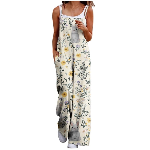 Cavosen Easter Plus Size Oversized Linen Jumpsuits Long Overalls with Pocket Print Lightweight Summer Work Rompers