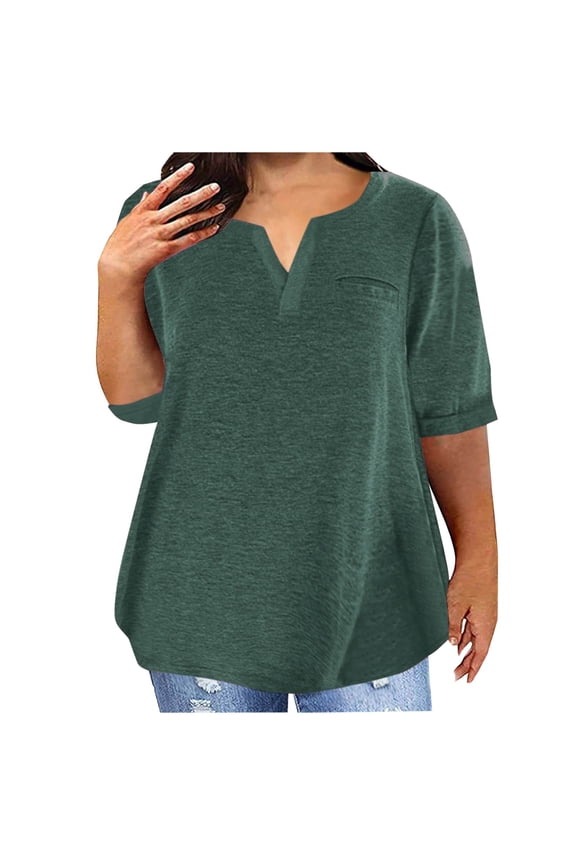 Elbow Length Tops Women Oversized Half Sleeve Pullover Shirts Tunic V Neck Solid Curved Hem Soft Blouse Vacation Tops Fashion Dressy T-Shirts Workout Beach Tees Green 3XL