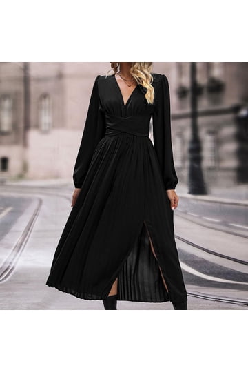 navy blue dress for baby girl Cavosen Long Dresses for Women V Neck Beige Long Sleeve Maxi Dress Empire Waist Ankle Length Dress Solid Side Split Pleated Casual Trendy Dress