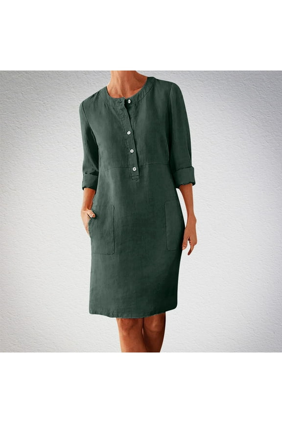 Elegant Dresses for Women Long Sleeves Green Cotton Linen Midi Dress Round Neck Knee Length Dress Solid Casual Trendy Dress Button with Pocket Fall Winter Clothes 2XL