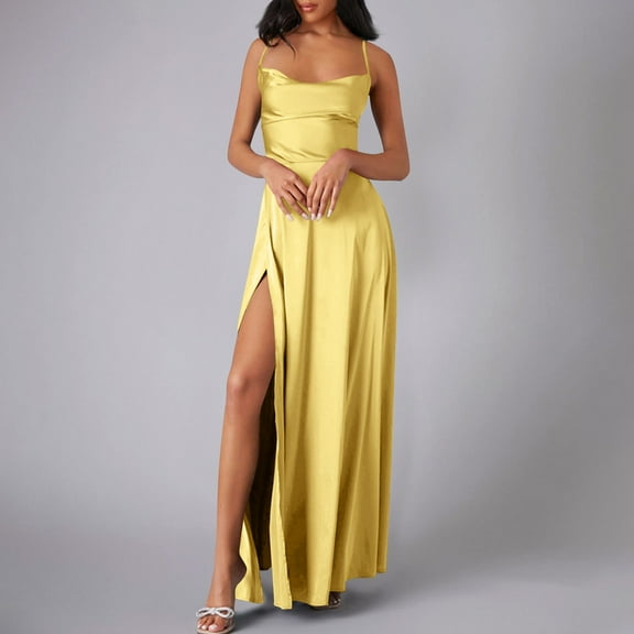 Cavosen Evening Dresses for Women Elegant Classy Yellow Spaghetti Strap Sleeveless Long Dress Party Dress Side High Split Ankle Length Maxi Dress Flowy Backless Bodycon Wedding Guest Dress