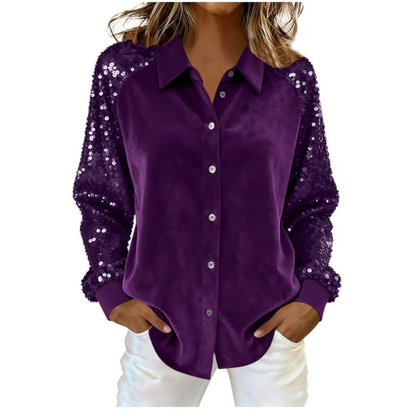 Cavosen Fall Blouses for Women Sequin Shiny Glitter Party Button Down Dressy Cardigan Solid Flowy Shirt Loose Spring Elegant Tops