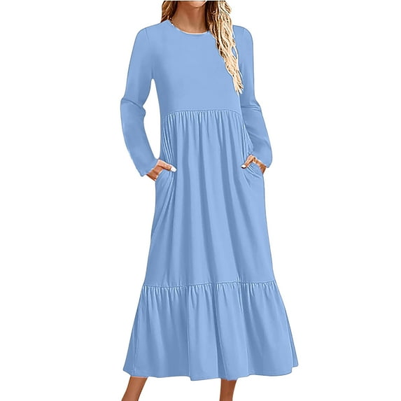 Cavosen Fall Dresses for Women Long Maxi Blue Long Sleeve Fashion Dress Smocked Tiered Round Neck Ankle Length Dress Solid Pleated Casual Dress with Pocket Fall Winter Clothes M