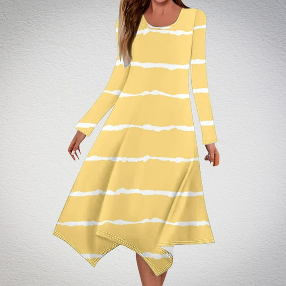 Cavosen Fall Dresses for Women Long Maxi Yellow Long Sleeve Fashion Dress Hankerchief Hem Crew Neck Calf Length Dress Striped Casual Dress Vacation Fall Winter Clothes XL