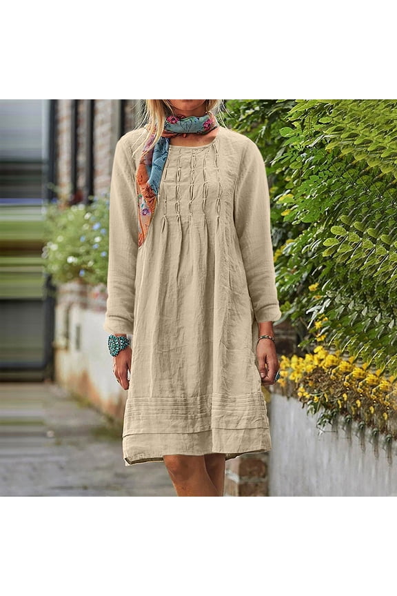 Fall Dresses for Women Long Sleeve Beige Cotton Linen Midi Dress Pleated Crew Neck Knee Length Dress Solid Casual Trendy Dress Party Vacation Fall Winter Clothes 4XL