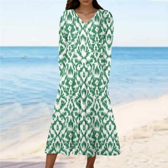 Cavosen Fall Maxi Dresses for Women Green Long Sleeve Trendy Dress High Waist V-Neck Calf Length Long Dress Floral Print Casual Dress Party Vacation Fall Winter Clothes M