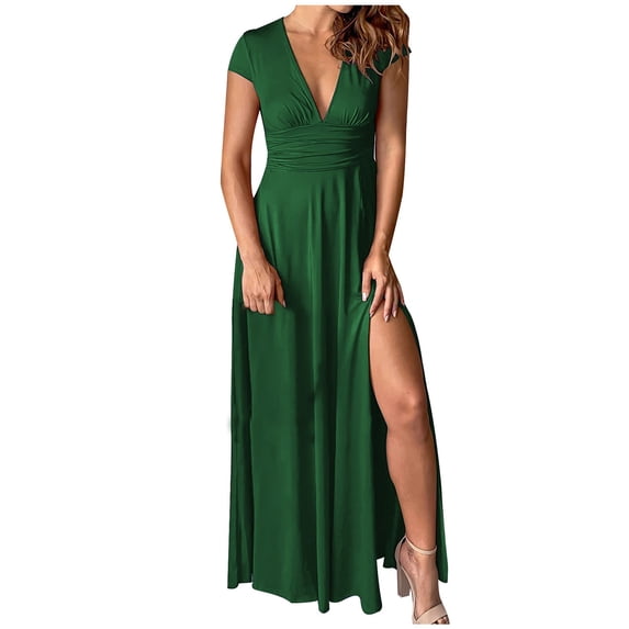 Cavosen Fall Wedding Guest Dress V Neck Long Sleeve Midi Evening Gowns Split Flowy Waist Shirred Solid Ball Dress Elegant Wedding Guest Cocktail Party Dress