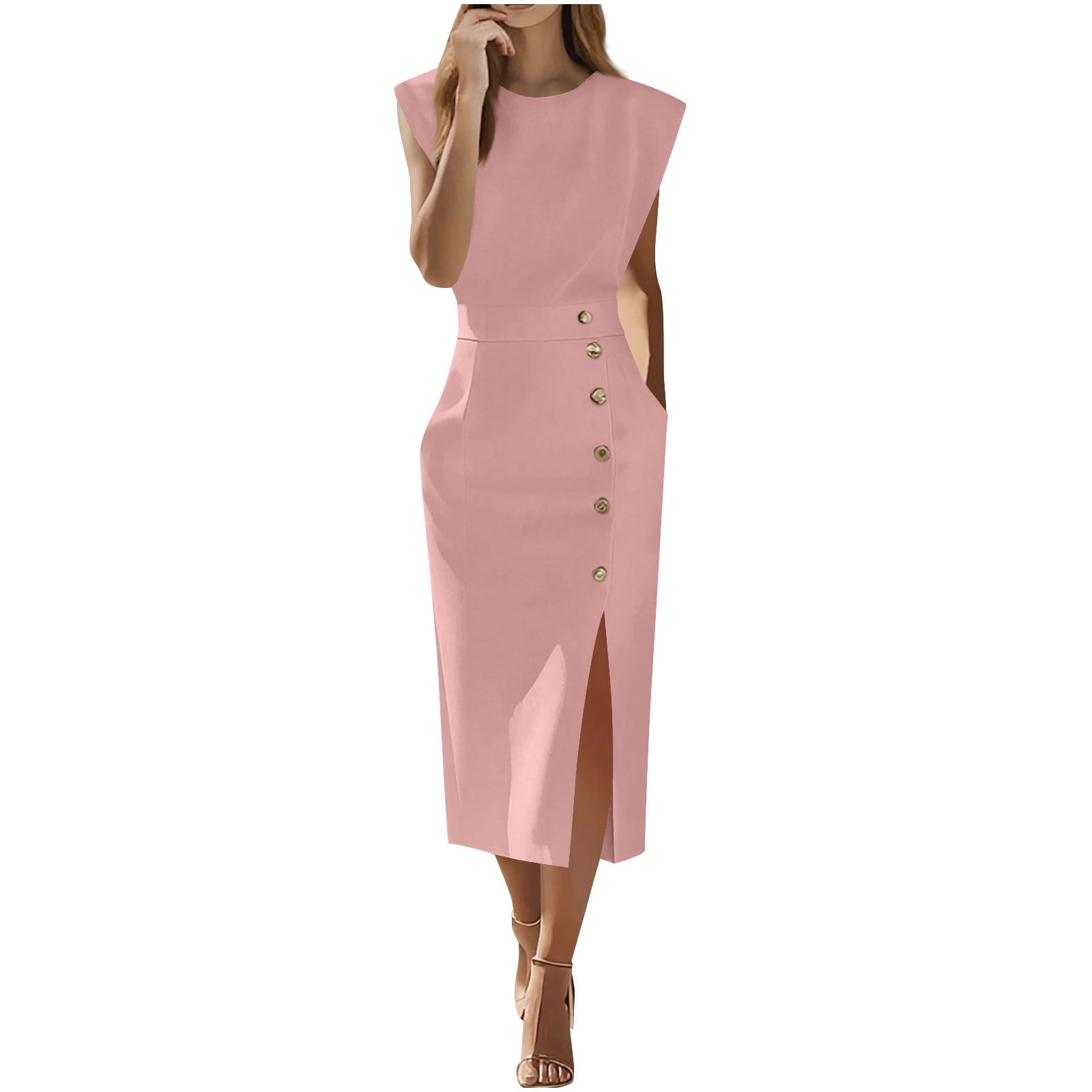 Split Solid Cavosen Fall Wedding Guest Dresses Formal Crew Neck Sleeveless Midi ...