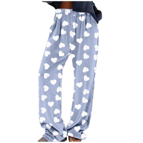 Cavosen Flannel Pants for Women Wide Leg Trousers Heart Print Elastic Waist Bottom Casual Pants Blue 4XL