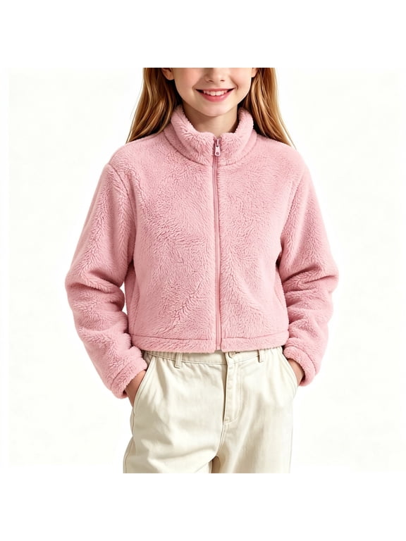 Fleece Jacket Kid Long Sleeve Stand Collar Zip Up Soft Cropped Coat Warm Pull On Solid Cardigan Vacation Winter Outerwear with Pocket