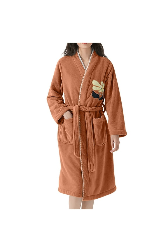 Fleece Robes for Women Lightweight Thicken Warm Absorbent Bathrobe with Belt Pocket Soft Knee Length Casual Housecoat
