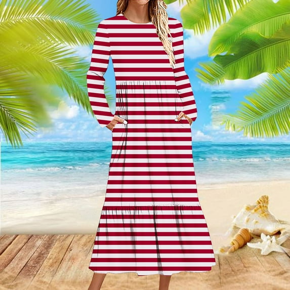 Cavosen Flowy Maxi Dresses for Women Red Long Sleeve Trendy Dress Smocked Tiered Round Neck Ankle Length Long Dress Striped Pleated Casual Dress with Pocket Fall Winter S