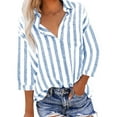 thumbnail image 1 of Cavosen Flowy Tops for Women 3/4 Sleeve Button down Tees Lapel Neck Collared Striped Tops Dressy Loose Fit Shirts Office Business Work Suit Blouse with Pocket Stylish Blue L, 1 of 7
