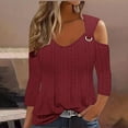 thumbnail image 1 of Cavosen Flowy Tops for Women 3/4 Sleeve Soft Cold Shoulder Pullover Shirts V-Neck Casual Plain Blouse Dressy Loose Fit Tees Eyelet Ring Tops Novelty Lightweight Autumn Red L, 1 of 6