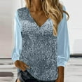 thumbnail image 1 of Cavosen Flowy Tops for Women Long Sleeve Sequin Glitter Sqarkly Print Pullover Shirts V Neck Shiny Blouse Flowy Tunic Solid Color Party Tees Fashion Elegant Evening T-Shirts Blue S, 1 of 7
