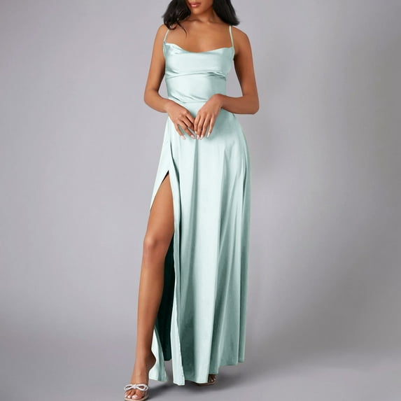 Cavosen Flowy Wedding Guest Dresses for Women Green Elegant Spaghetti Strap Sleeveless Long Dress Side High Split Ankle Length Maxi Dress Flowy Backless Bodycon Wrap Party Dress