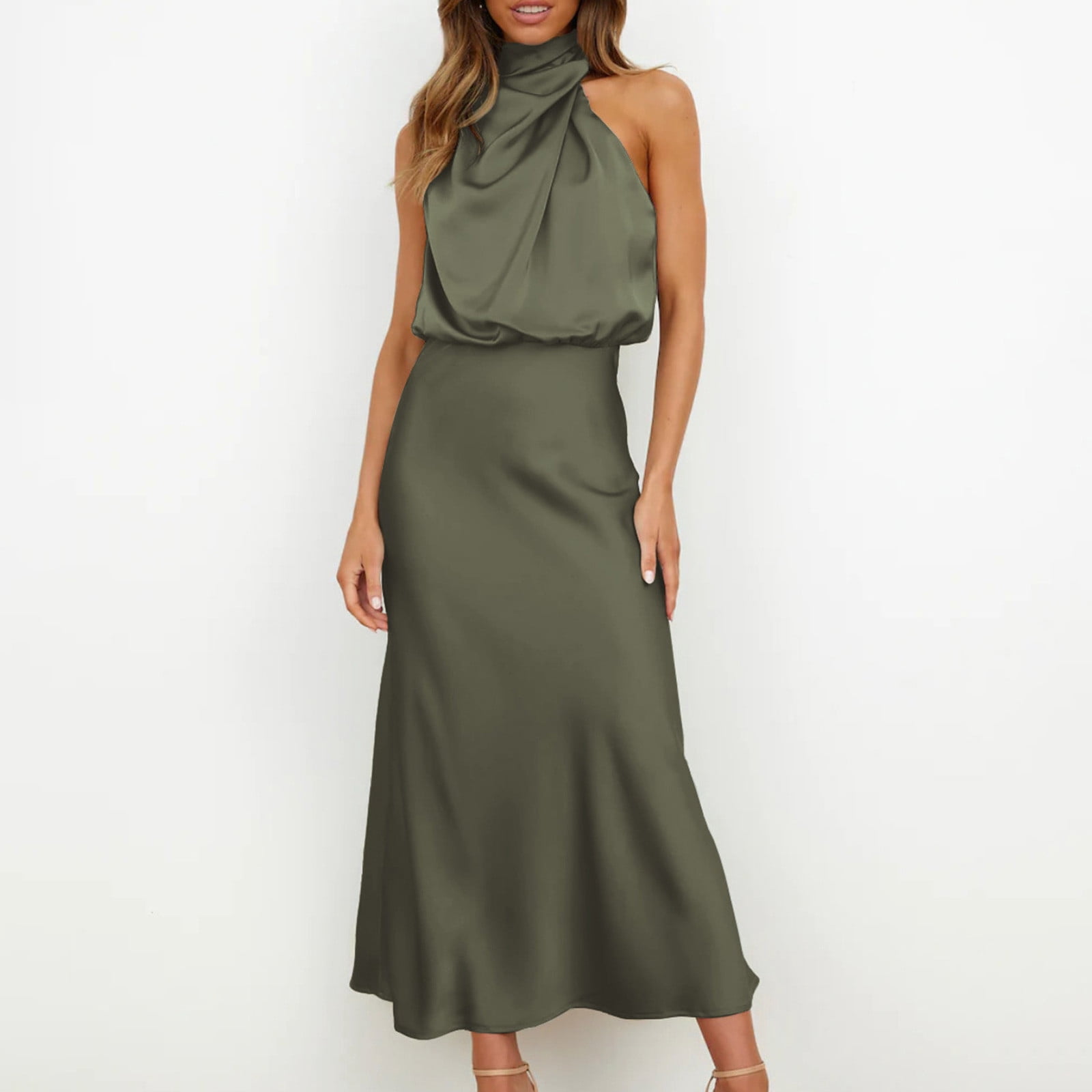 Formal Dresses for Women Evening Party Purple Satin Elegant Sleeveless Long Dress Party Dress Halter Neck Solid Ankle Length Maxi Dress Flowy High Waist Bodycon Wedding Guest Dress