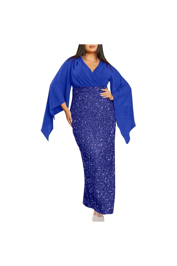 Formal Dresses for Women Sequins V Neck Empire Wais Maxi Evening Gowns Plus Size Front Drape Cocktail Party Dress