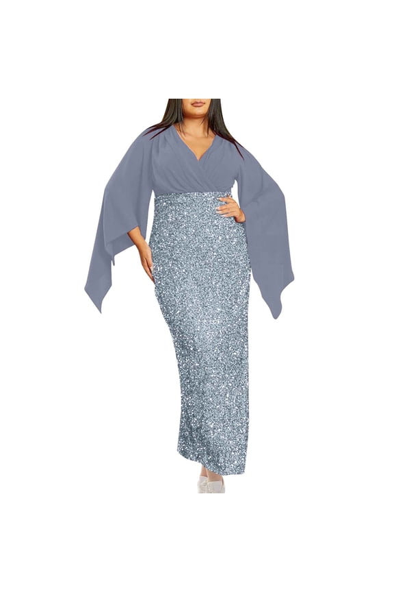 Formal Dresses for Women Sequins V Neck Empire Wais Maxi Evening Gowns Plus Size Front Drape Cocktail Party Dress