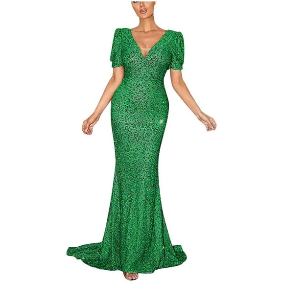 Cavosen Formal Dresses for Women Sequins V Neck Maxi Mermaid Evening Gowns Bodycon Puff Sleeve Cocktail Party Dress