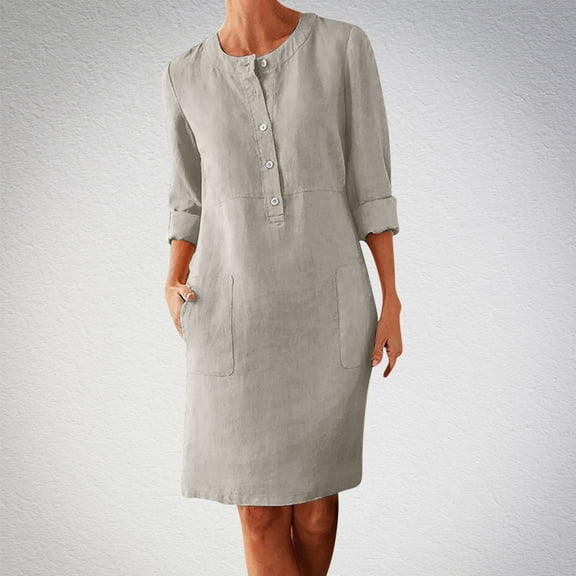 Cavosen Going out Dresses for Women Beige Cotton Linen Long Sleeve Midi Dress Crew Neck Knee Length Dress Solid Casual Trendy Dress Button with Pocket Fall Winter Clothes L