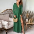 thumbnail image 1 of Cavosen Going out Dresses for Women Green Long Sleeve Maxi Dress High Side Slit Deep V-Neck Ankle Length Long Dress Solid High Waisted Pleated Casual Dress Fall Winter Clothes L, 1 of 8
