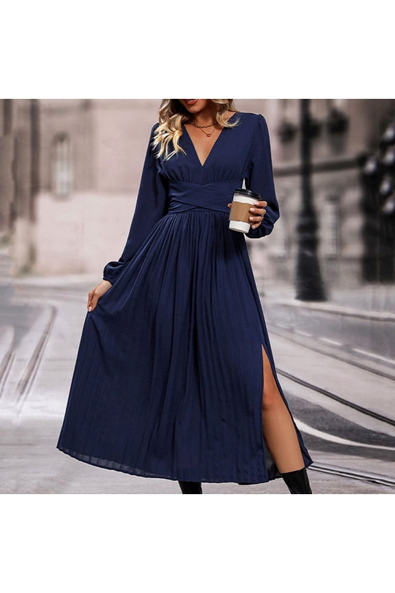 Going out Dresses for Women Long Sleeve Blue Maxi Dress Empire Waist V-Neck Ankle Length Long Dress Solid Side Split Pleated Casual Trendy Dress Fall Winter Clothes S