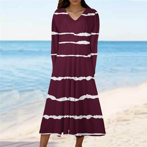 Cavosen Going out Dresses for Women Long Sleeve Red Maxi Dress High Waist V-Neck Calf Length Long Dress Striped Casual Trendy Dress Flowy Party Vacation Fall Winter Clothes S