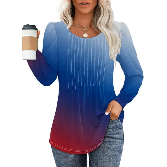 Cavosen Going out Tops for Women Long Sleeve Pullover Tunic Tees Round Neck Casual Gradient Tops Dressy Flowy Loose Fit Shirts Ruched Pleated Blouse Fashion Fall Blue 2XL