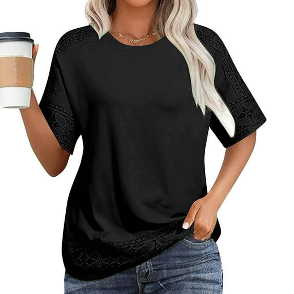 Cavosen Half Sleeve Tops for Women Lace Patchwork Pullover Shirts Tunic Crewneck Solid Flowy Blouse Vacation T-Shirts Fashion Loose Tops Athletic Beach Tees Summer Black L