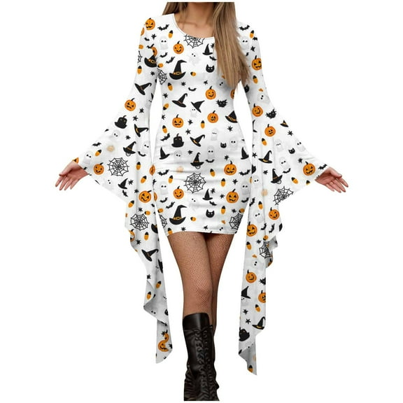 Cavosen Halloween Dresses for Women Crew Neck Asymmetrical Sleeves Evening Gowns Graphic Cocktail Elegant Dress