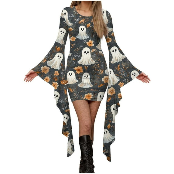 Cavosen Halloween Dresses for Women Crew Neck Graphic Evening Gowns Long Sleeve Asymmetrical Sleeves Elegant Dress