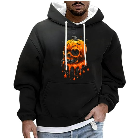 Cavosen Halloween Hoodie Men Big and Tall Long Sleeve Loose Hoodie with Pocket Graphic Stretch Drawstring Sweatshirt Windproof Fall Tops