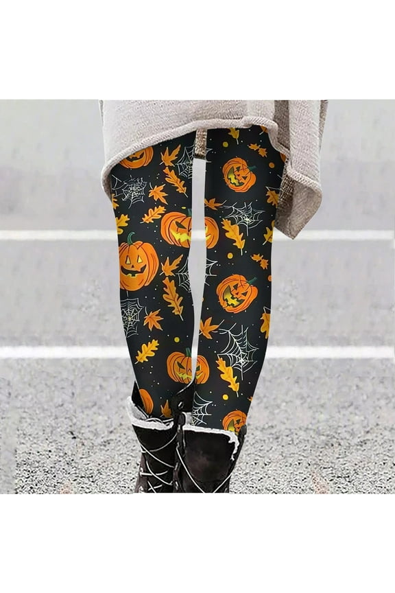 Halloween Seamless Leggings for Women Pumpkin Spider Print Basic Yoga Pants Leggings Long Pants Tight Elastic Waist Ankle Length Pants Halloween Festival Trousers Orange S