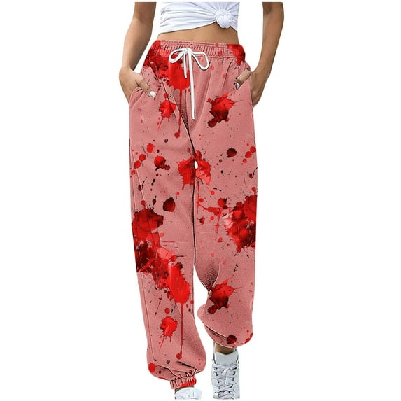 Cavosen Halloween Sweatpants Women Wide Leg Horror Sweatpants Long Pants Casual Loose Drawstring with Pocket Elastic Waist Ankle Length Pants Joggor Halloween Festival Trousers M