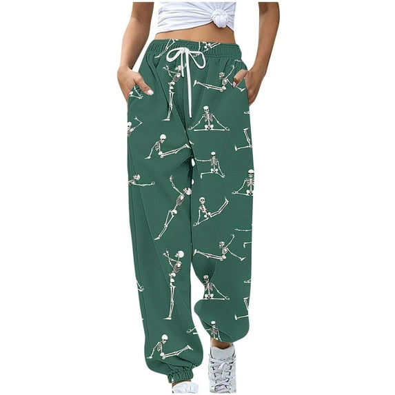 Cavosen Halloween Sweatpants for Women Wide Leg Skeleton Print Sweatpants Long Pants Casual Loose Drawstring with Pocket Elastic Waist Ankle Length Pants Joggor Halloween Holiday Trousers L