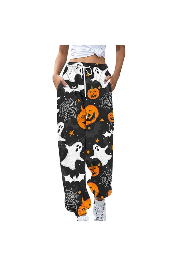 Halloween Sweatpants for Women Wide Leg Spooky Pumpkin Print Sweatpants Long Pants Casual Loose Drawstring with Pocket Elastic Waist Ankle Length Pants Joggor Holiday Trousers M