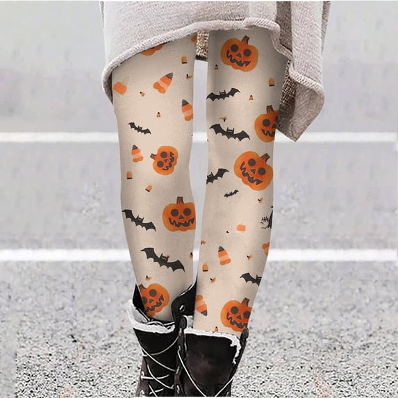 Cavosen Halloween Tights for Women Leggings Pumpkin Bets Print Basic Yoga Pants Leggings Long Pants Tight Elastic Waist Ankle Length Pants Halloween Holiday Trousers Orange XL