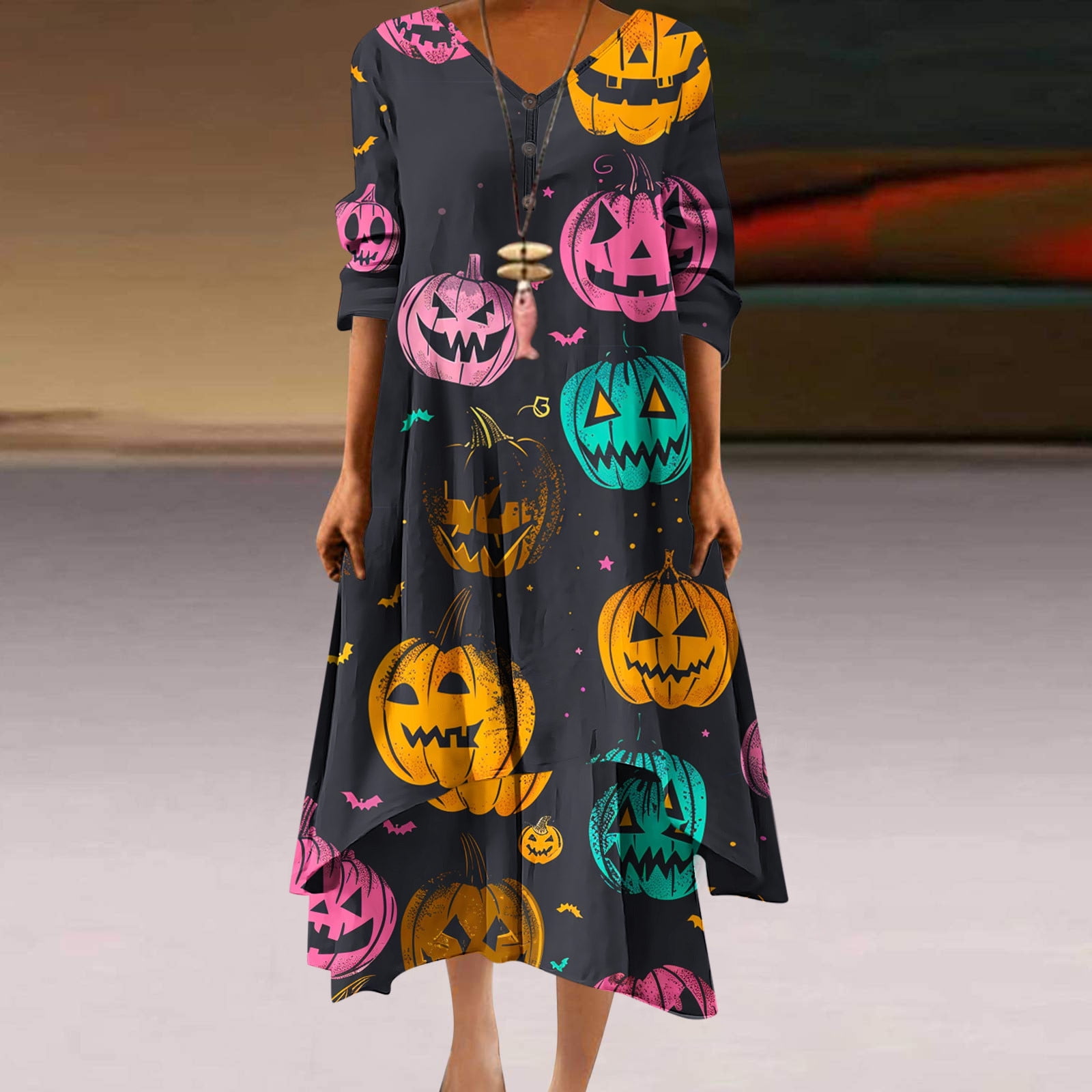 Cavosen Halloween Womens Midi Dresses with 3/4 Sleeves Pumpkin Print