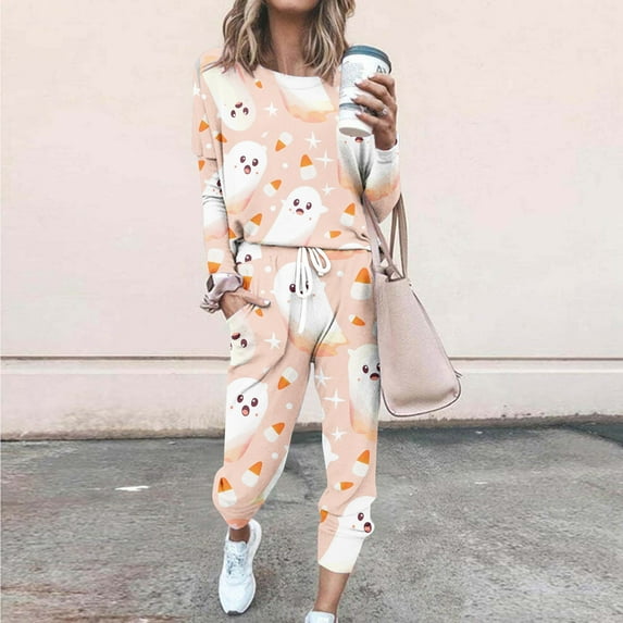 Cavosen Halloween Womens Sets 2 Piece Outfits Long Sleeve Cute Spooky Print Sweatsuit Long Pants Round Neck Matching Tops Tracksuit with Pocket Drawstring Casual Loungewear Sets Festival