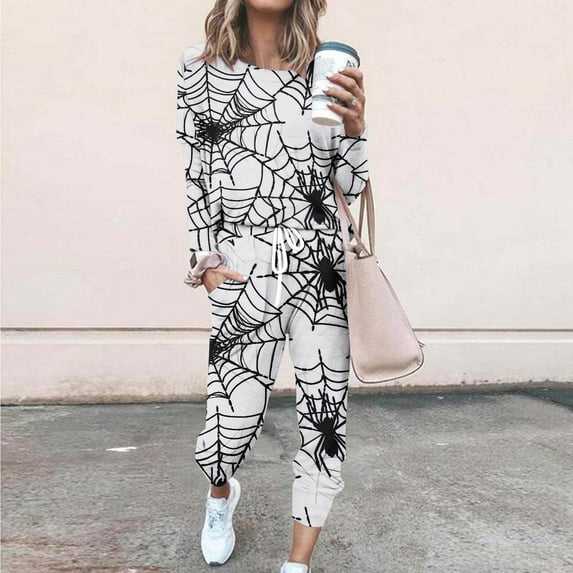 Cavosen Halloween Womens Sets 2 Piece Outfits Long Sleeve Web Spider Print Tracksuit Long Pants Crewneck Matching Tops Loungewear Sets with Pocket Drawstring Casual Sweatsuit Holiday