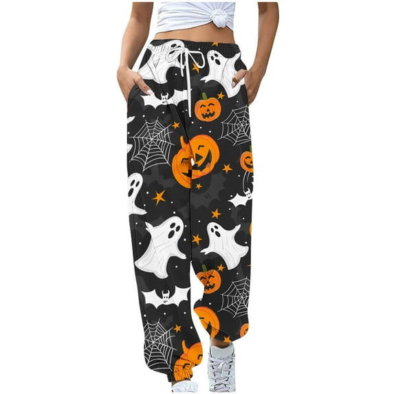 Cavosen Halloween Womens Sweatpants Wide Leg Spooky Pumpkin Print Sweatpants Long Pants Casual Loose Drawstring with Pocket Elastic Waist Ankle Length Pants Joggor Holiday Trousers XL