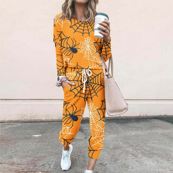 Cavosen Halloween Womens Two Piece Outfits Pants Long Sleeve Web Spider Print Sweatsuit Long Pants Crewneck Matching Tops Tracksuit with Pocket Drawstring Casual Loungewear Sets Festival