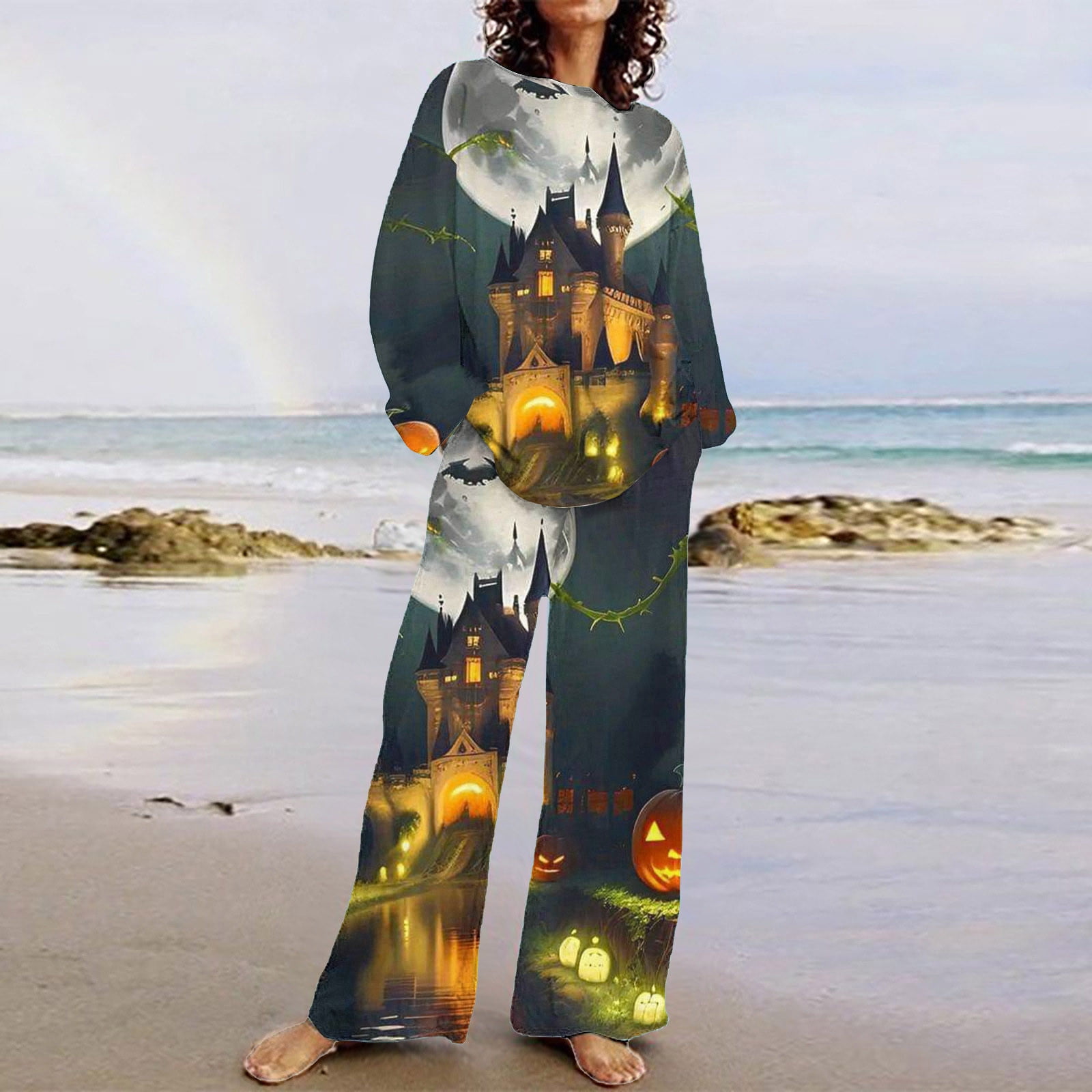 Cavosen Halloween Womens Two Piece Sets Clothing Horror Bets Print