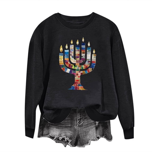 Cavosen Hanukkah Blouses for Women Business Casual Chanukah Jewish Candles FunnySweatshirt Crew Neck Long Sleeve Stretch Hebrew Gifts Cute Tee Tops