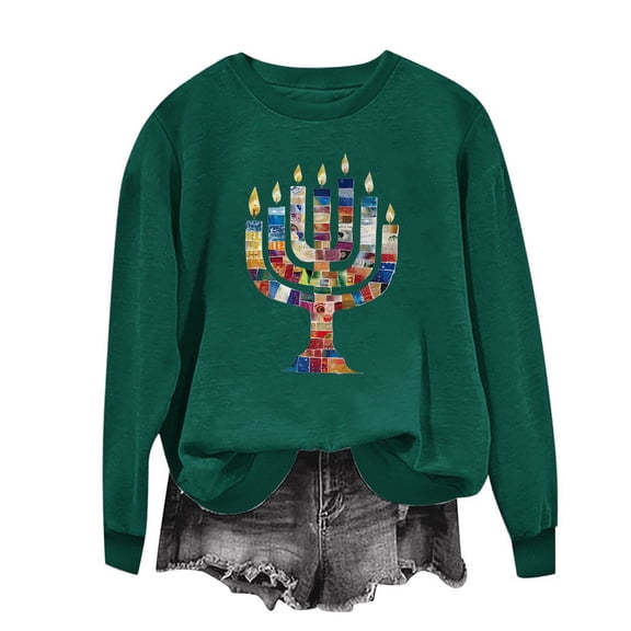 Cavosen Hanukkah Blouses for Women Business Casual Chanukah Jewish Candles FunnySweatshirt Crew Neck Long Sleeve Stretch Hebrew Gifts Cute Tee Tops