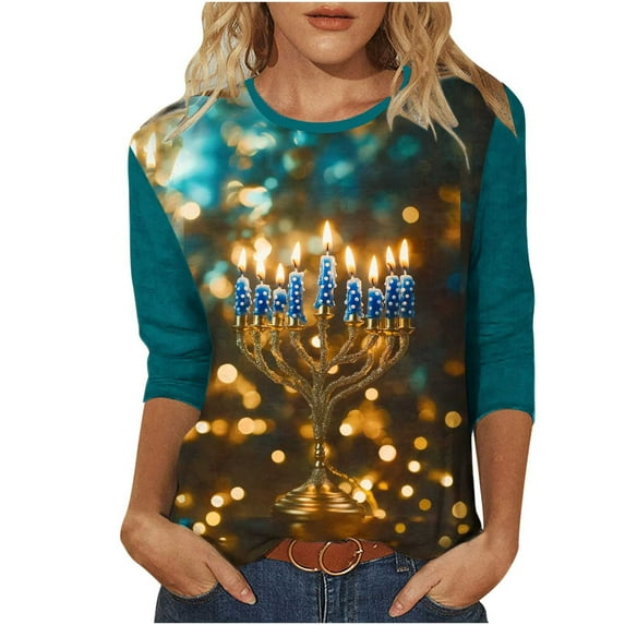 Cavosen Hanukkah Pullover Sweater Chanukah Jewish Candles UglySweatshirt Crew Neck 3/4 Length Sleeve Stretch Hebrew Gifts Humor Tee Tops